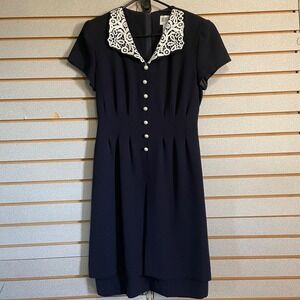 Vintage Julian Taylor New York‎ Navy Blue Dress White Lace Collar Belted Size 12